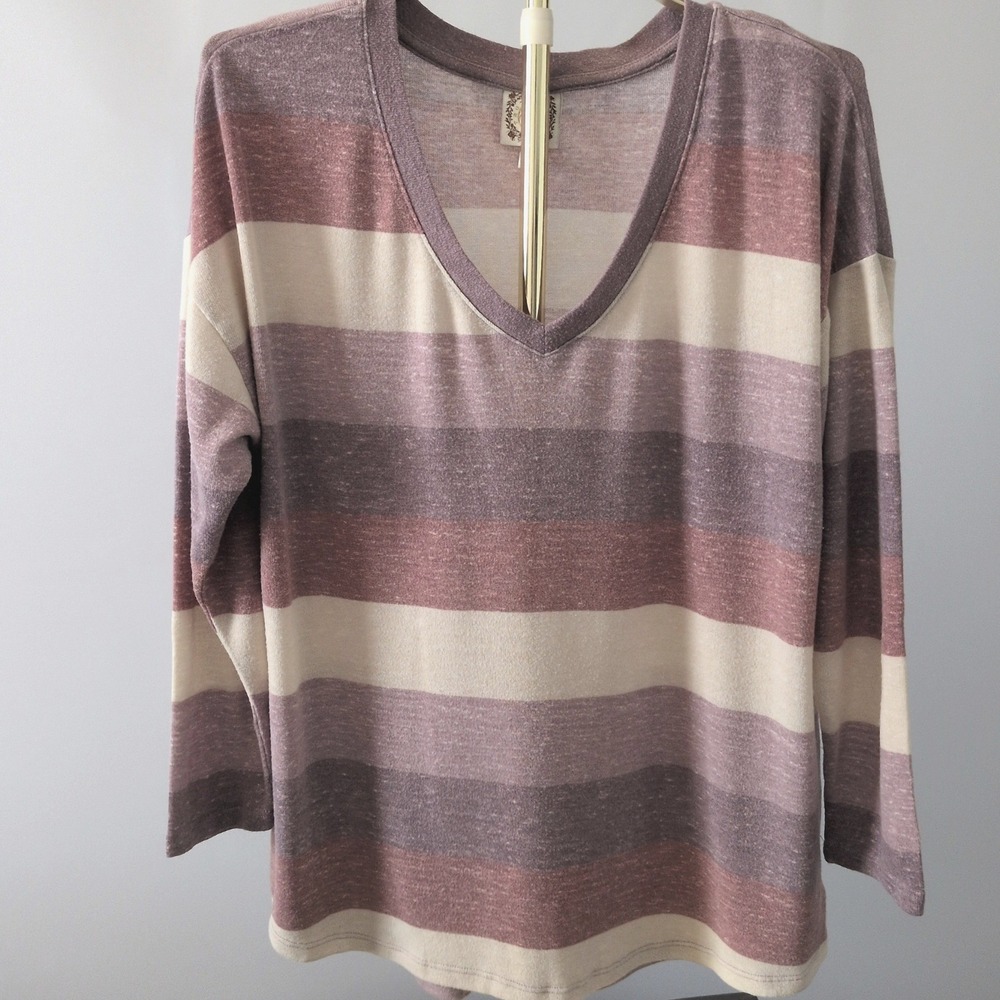 Truself Striped V-Neck Top Women 1X Mauve Cream Long Sleeve Casual Knit Tee